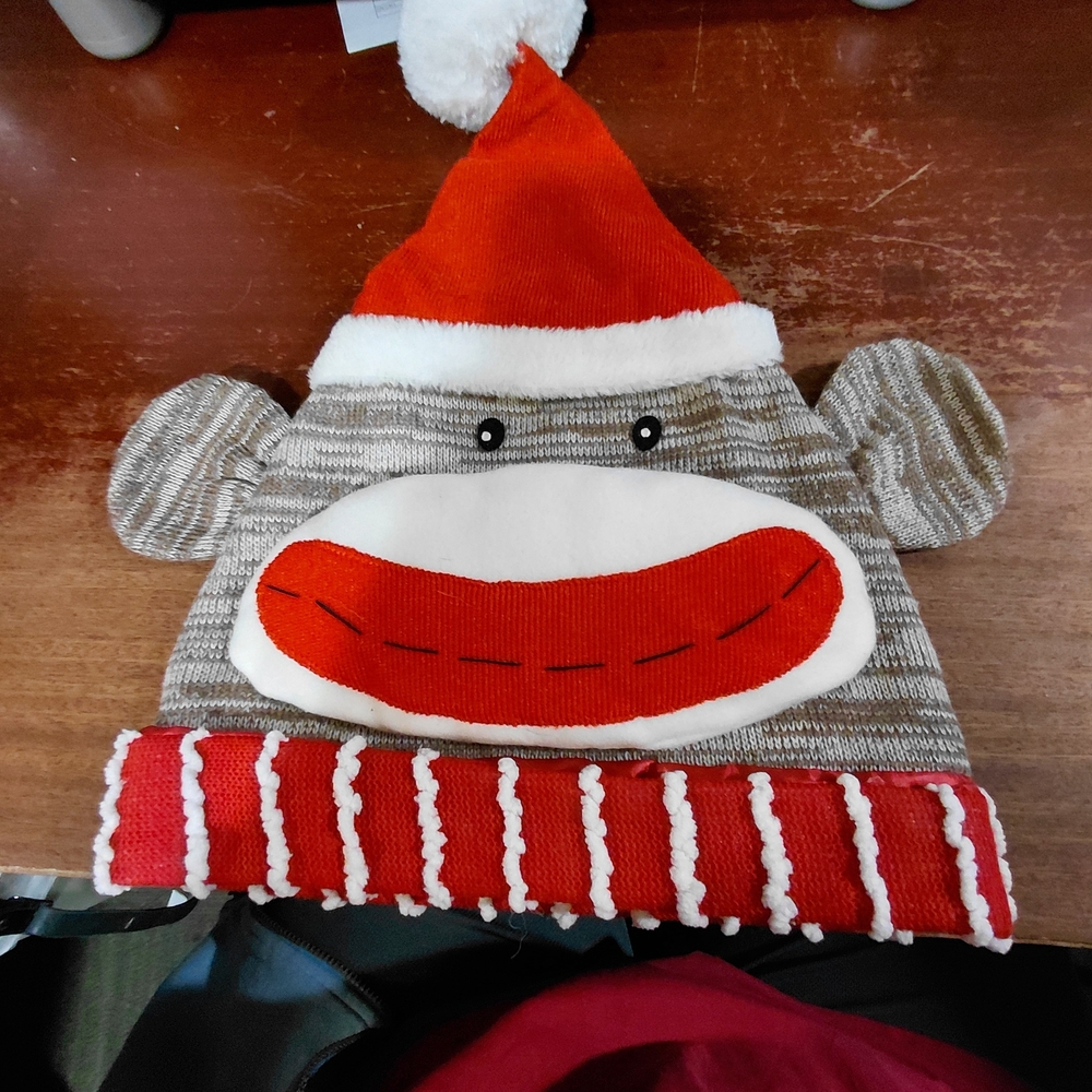 Red and Gray Novelty Sock Monkey Pom-Pom Beanie Hat
